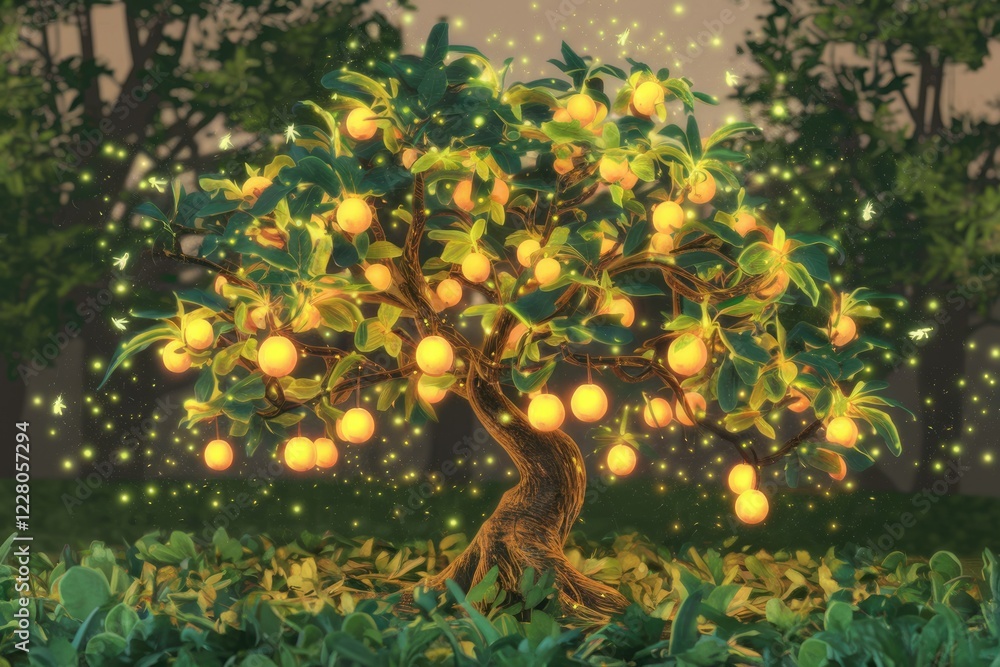Aufkleber Glowing fruit tree in a magical forest, fireflies dance around it creating a surreal and enchanting scene.