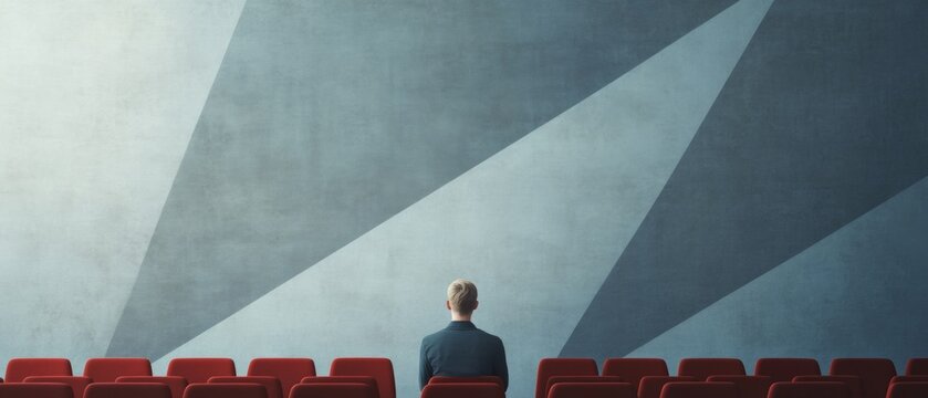 Modern Educational Vision Minimalist Auditorium with Student in Red Chairs Facing Graphic Wall - Inspiring Academic Content and Contemporary Learning Environment Design