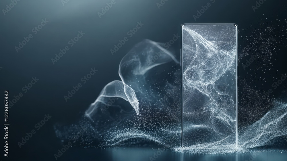 Poster 3d rendering of a transparent glass phone, with particles swirling around it and floating in the air