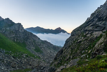 View from Colle del Colletto mountain pass in Graian Alps in Italy