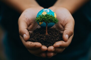 Eco-Conscious Visual Hands Cradling Miniature Globe and Tree in Soil - Symbolic Sustainability for Environmental Education and Green Business Branding