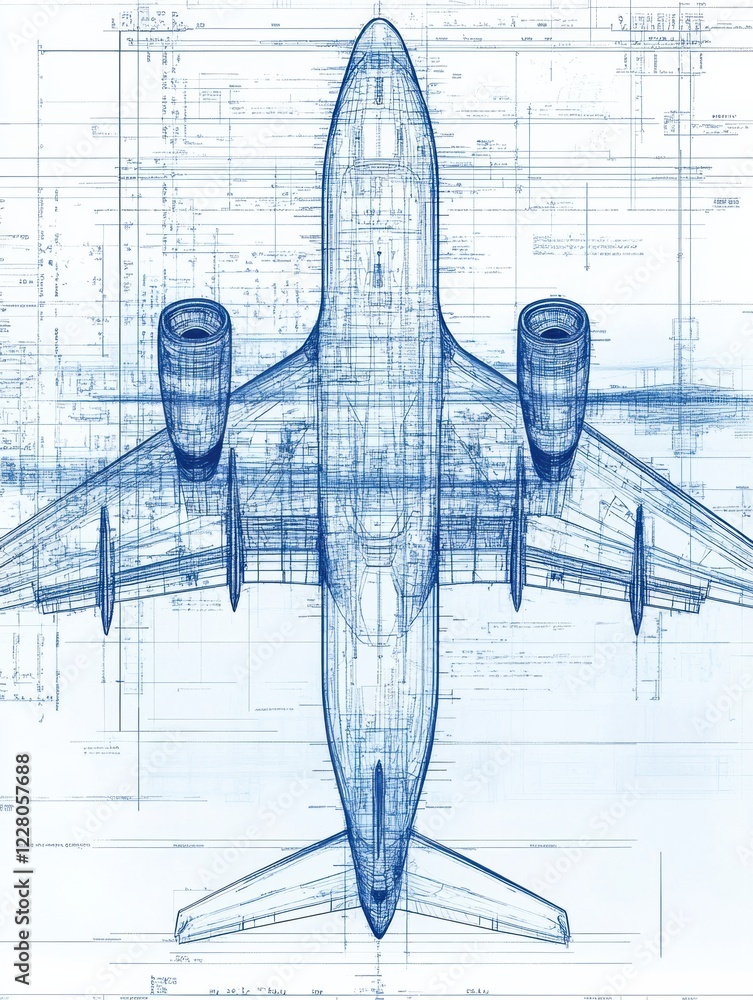 Leinwandbilder Detailed technical blueprints showcasing an airplane design with machine elements and specifications for engineering reference. Generative AI