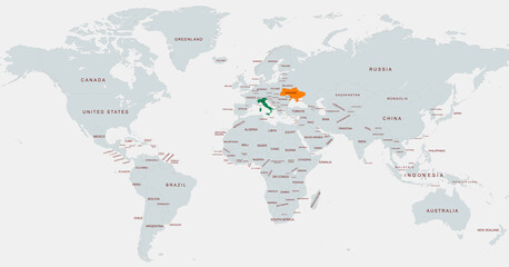 Highlighted World Map Featuring Ukraine and Italy Locations Marked © habib billah