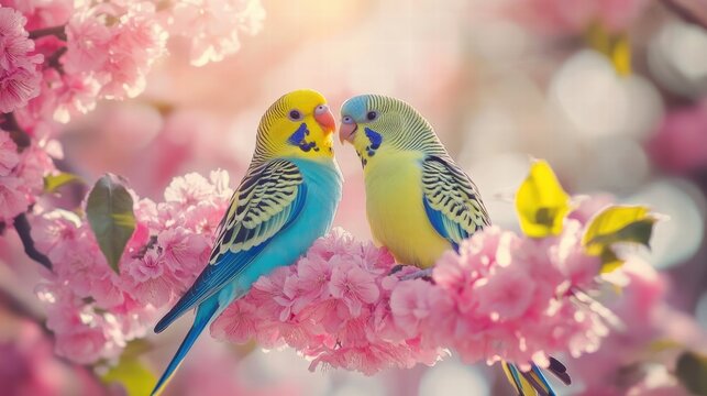 Two Colorful Parakeets Nestled Among Blooming Flowers.