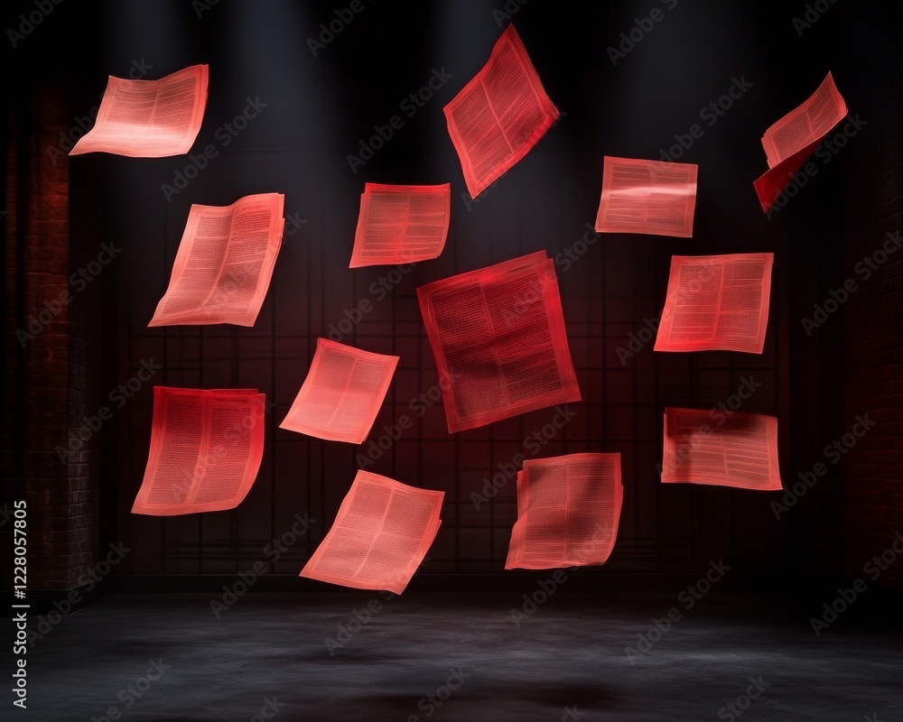 Poster Digital Wizardry Display Illuminated Floating Newspapers in Ambient Studio Immersive Visual Storytelling for Entertainment Marketing and Experiential Design