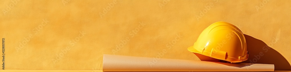 Aufkleber minimalist construction display yellow hardhat and blueprint on textured surface - modern site plann
