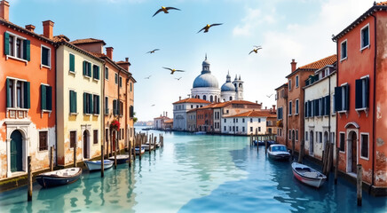 Obraz premium Venice canal and seagulls in a sunny day. Beautiful view of the Grand Canal and old colorful buildings in Venice, Italy.