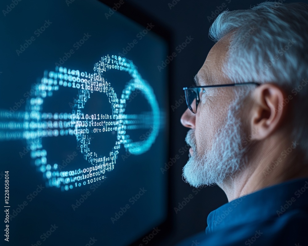 Poster Sleek Data Visualization in Corporate Security Mature Professional Analyzing Encrypted Digital Networks in Conference Room - Advanced Cybersecurity Strategy Training for Businesses