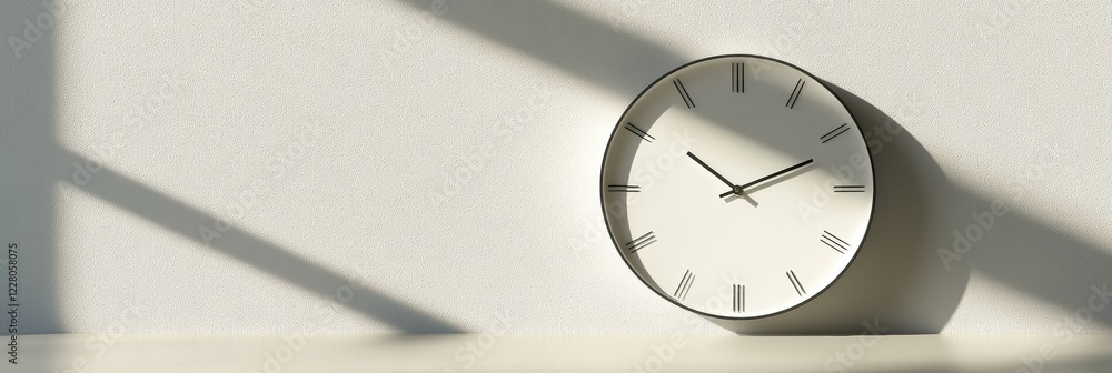 Poster modern wall clock displays time in a minimalistic room with natural light creating shadows on the wa