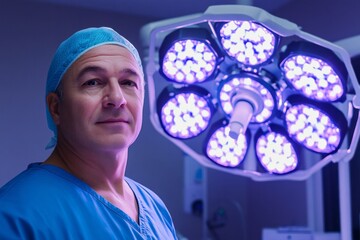Surgeon preparing for surgery under bright operating room lights in a modern medical facility at night