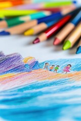 child draws a beach and sea. Selective focus
