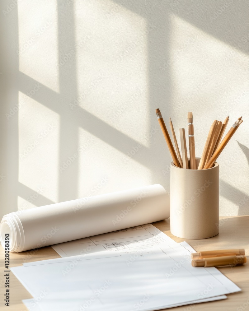 Aufkleber minimalist workspace design rolled blueprints and stationery on oak desk - elevating architectural d