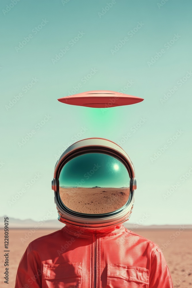 Aufkleber High-Tech Sci-Fi Marketing Reflective Astronaut Helmet and Glowing UFO in Desert - Futuristic Digital Content for Entertainment and Tech Industry Campaigns