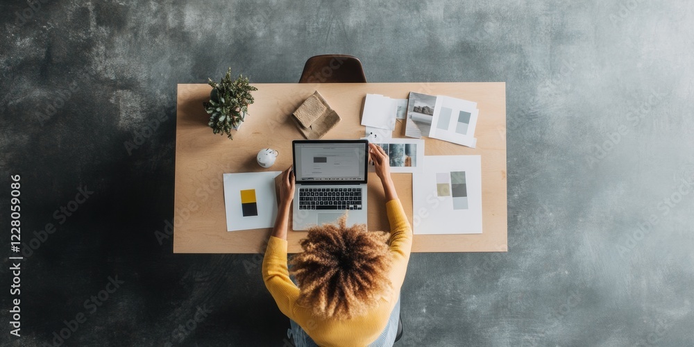 Aufkleber Scandinavian Workspace Inspiration Designer Collaborating on Mockups and Visuals with Style Guides on Wooden Table - Creative Agency Process for Enhanced Digital Branding