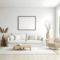 Fototapeta premium A bright and airy living room bathed in natural light from large,paned windows overlooking a lush garden. The room is anchored by a plush, light colour sectional sofa adorned with soft, neutral pillow