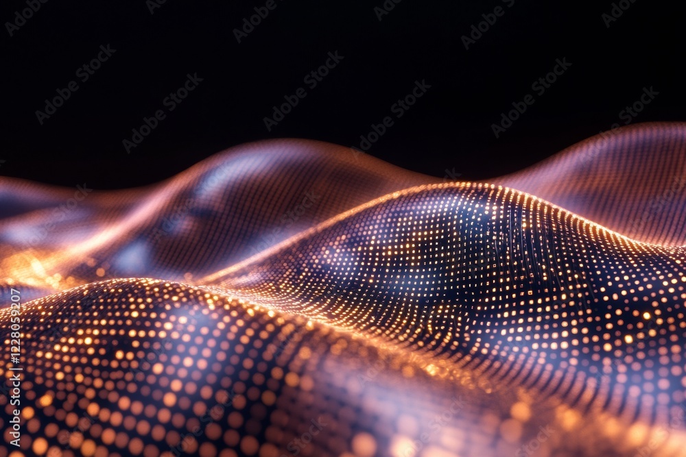 Poster Neon Techscape Iridescent Holographic Data Waves on Metallic Canvas - Dynamic Visualization for Cutting-edge Digital Marketing and Innovative Industry Solutions