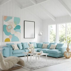 A bright and airy living room bathed in natural light from large,paned windows overlooking a lush garden. The room is anchored by a plush, light colour sectional sofa adorned with soft, neutral pillow