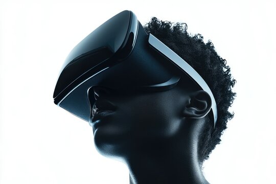 A person with dark skin and curly hair experiences virtual reality using a sleek headset. - Powered by Adobe