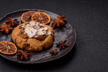 Round cookies with nuts and chocolate butter