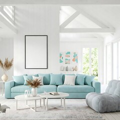 A bright and airy living room bathed in natural light from large,paned windows overlooking a lush garden. The room is anchored by a plush, light colour sectional sofa adorned with soft, neutral pillow