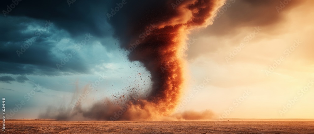 Poster dynamic weather visualization tornado vortex with debris in surreal contrast - advanced environmenta