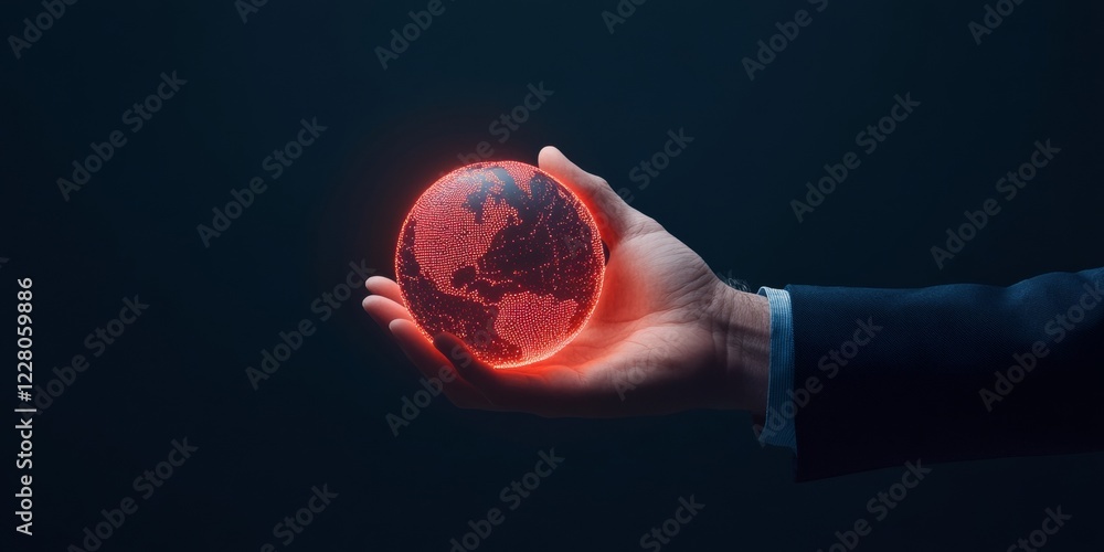 Poster Neon Holographic Globe in Human Hand Intelligent Circuitry Visualization for Global IT Network Solutions Enhancing Secure Cloud Computing in the Digital Age