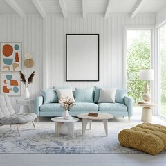 A bright and airy living room bathed in natural light from large,paned windows overlooking a lush garden. The room is anchored by a plush, light colour sectional sofa adorned with soft, neutral pillow