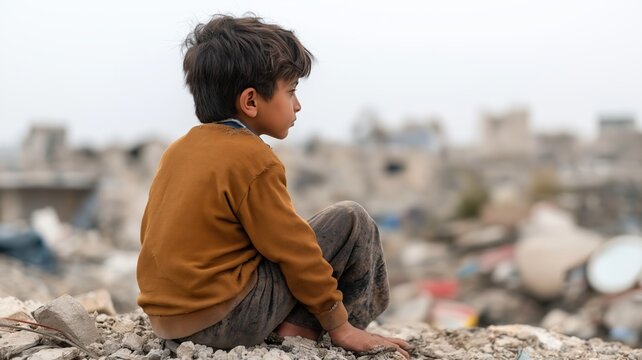 Pensive young caucasian boy sitting amid urban ruins contemplating distant cityscape