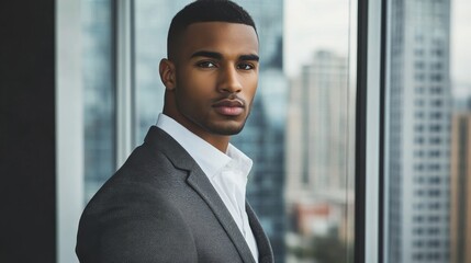 Young male entrepreneur with short, neatly styled hair, wearing a charcoal gray blazer over a white shirt, 