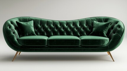 Luxurious Emerald Green Velvet Sofa with Gold Accents on Clean White Background