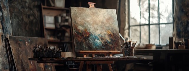 Artist's workplace and painting. Selective focus