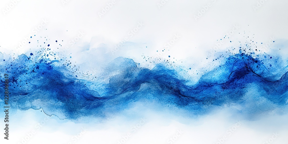 Poster blue abstract wave pattern with splashes reflecting calm water and sky elements