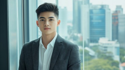 Fototapeta premium Young male entrepreneur with short, neatly styled hair, wearing a charcoal gray blazer over a white shirt, 