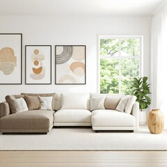 A bright and airy living room bathed in natural light from large,paned windows overlooking a lush garden. The room is anchored by a plush, light sectional sofa adorned with soft, neutral pillows.