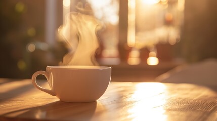 Warm sunlight illuminates steam rising from a hot beverage in a white cup on a wooden table, creating a cozy morning atmosphere