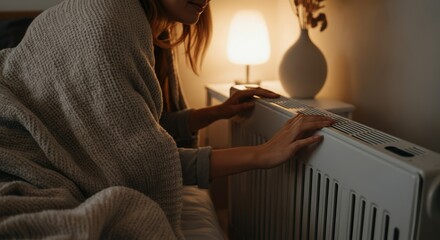 Woman adjusting a heater while wrapped in a cozy blanket at night