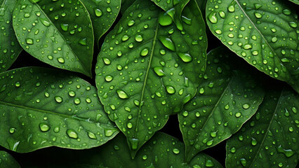 Macro photography captures the intricate detail of water droplets on leaves, creating a refreshing natural background
