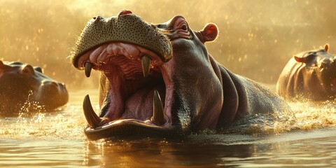Fototapeta premium A captivating close-up of a roaring hippopotamus in its natural habitat, showcasing the raw beauty and power of wildlife.
