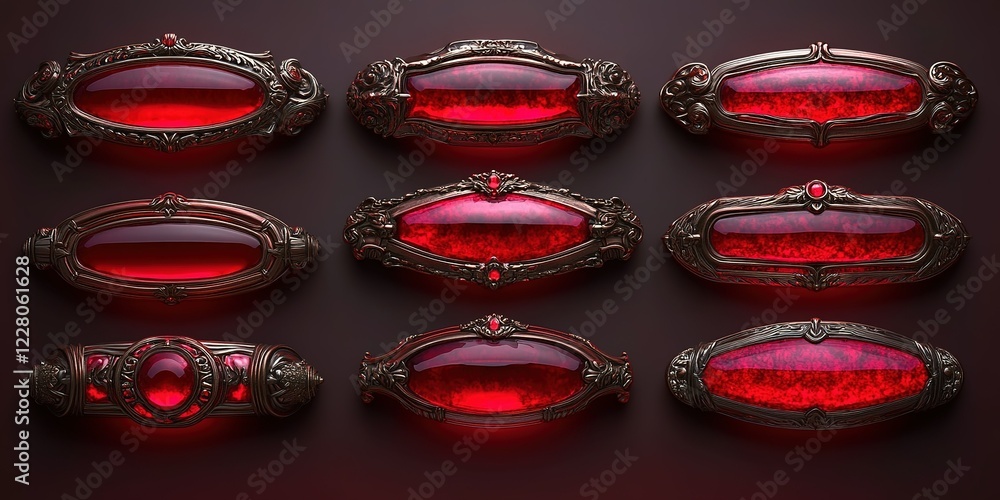 Poster decorative red gemstone elements with ornate metallic frames in a symmetrical arrangement on a dark 