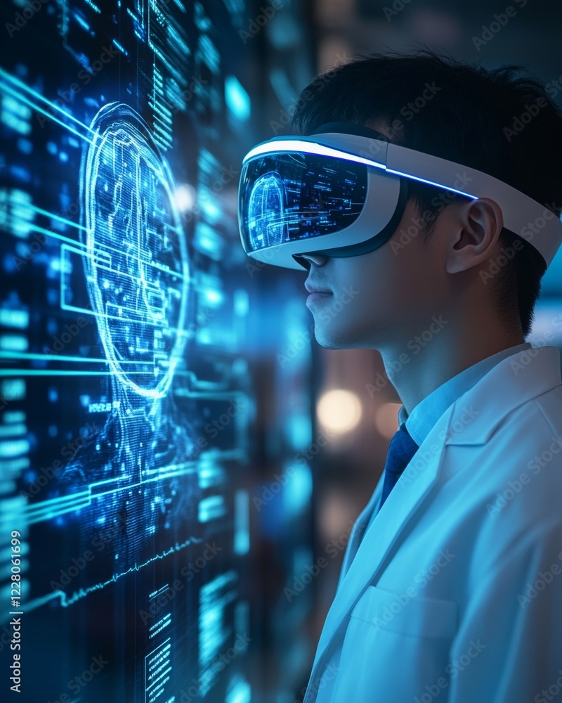 Aufkleber virtual reality healthcare insight east asian doctor in 40s utilizing holographic interfaces and vr 