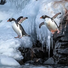 Fototapeta premium Two playful penguins leap from icy rocks into the water, showcasing the beauty of nature and wildlife in a stunning frozen landscape.