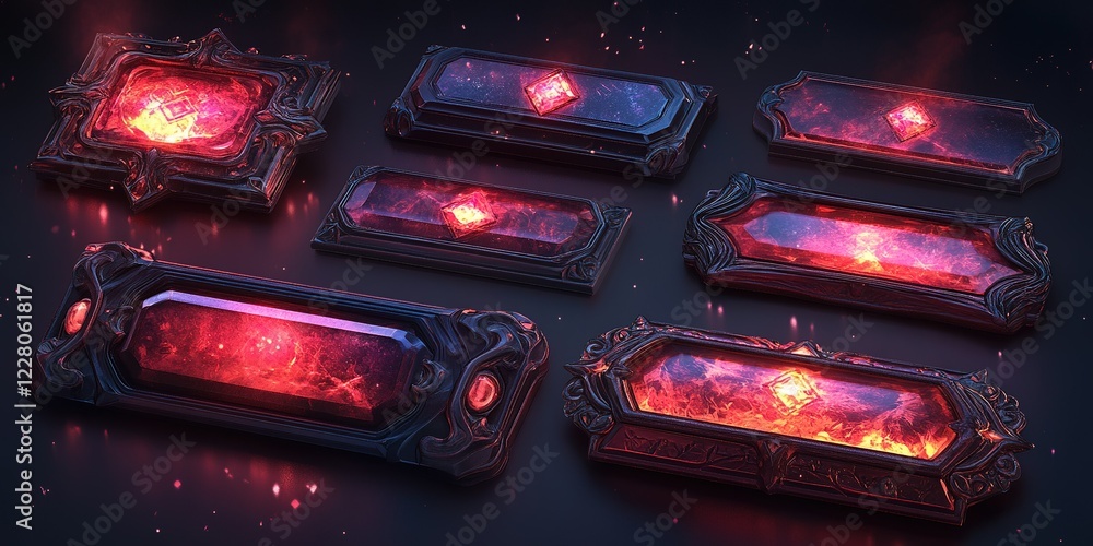Poster intricately designed glowing frames with cosmic patterns glowing in a dark setting, showcasing vibra