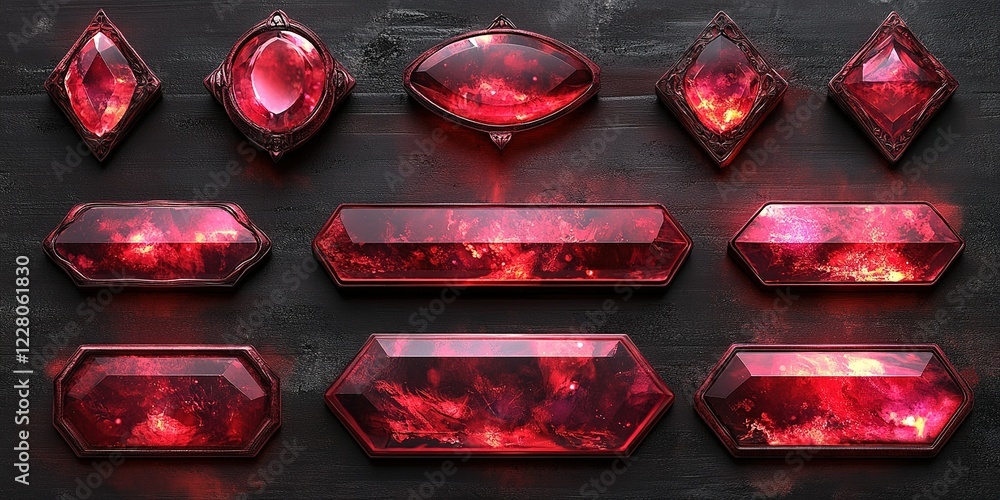 Poster vibrant red gemstones arranged in various shapes on a dark textured surface highlighting their intri