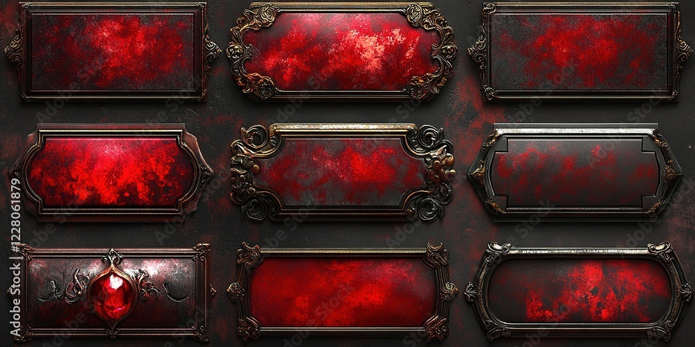 Poster decorative frames with red accents and intricate designs displayed against a dark background