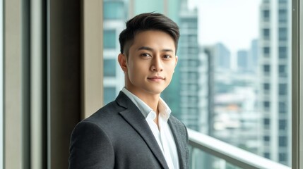 Young male entrepreneur with short, neatly styled hair, wearing a charcoal gray blazer over a white shirt, 