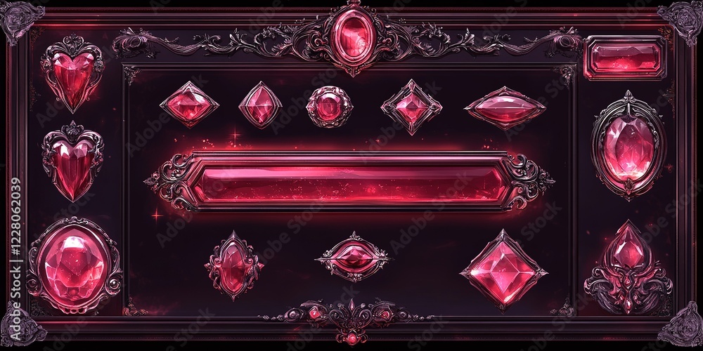 Poster display of various red gemstones in ornate frames against a dark background featuring intricate desi