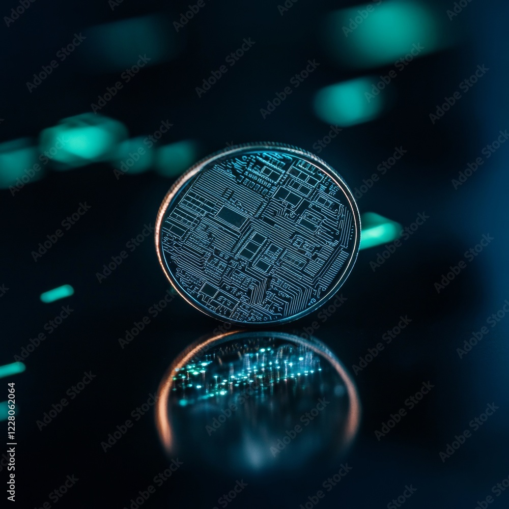 Aufkleber futuristic cryptocurrency concept macro shot of circuitry coin with holographic light reflections - 