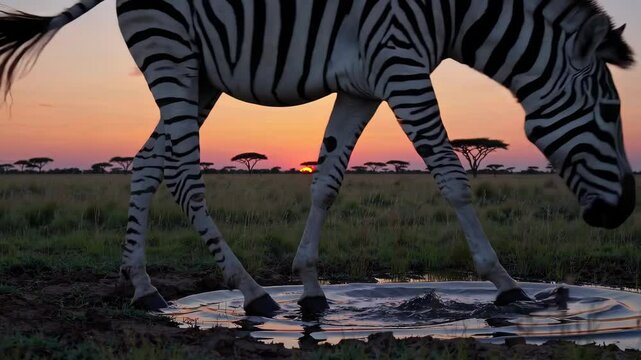 zebra at sunset drinking from a hole in the ground, in the style of impressive panoramas, sparkling water reflections