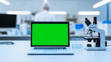 A laptop with a green screen sits on a lab bench next to a microscope and test tubes. A scientist works in the background.