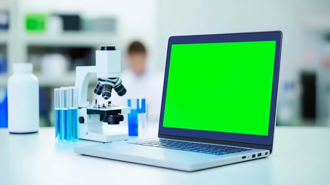 Laptop and microscope in a laboratory setting. Green screen provides space for your content.